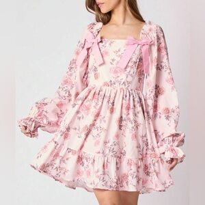 Elegant Pink Floral Long Sleeve Dress